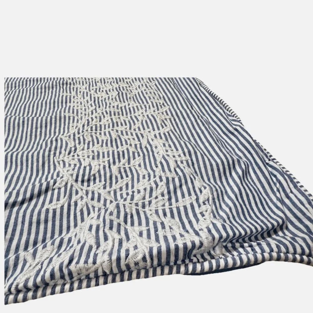 One Kings Lane Pair of Pillowcases Shams Blue Cream Stripe Cotton Embroidered